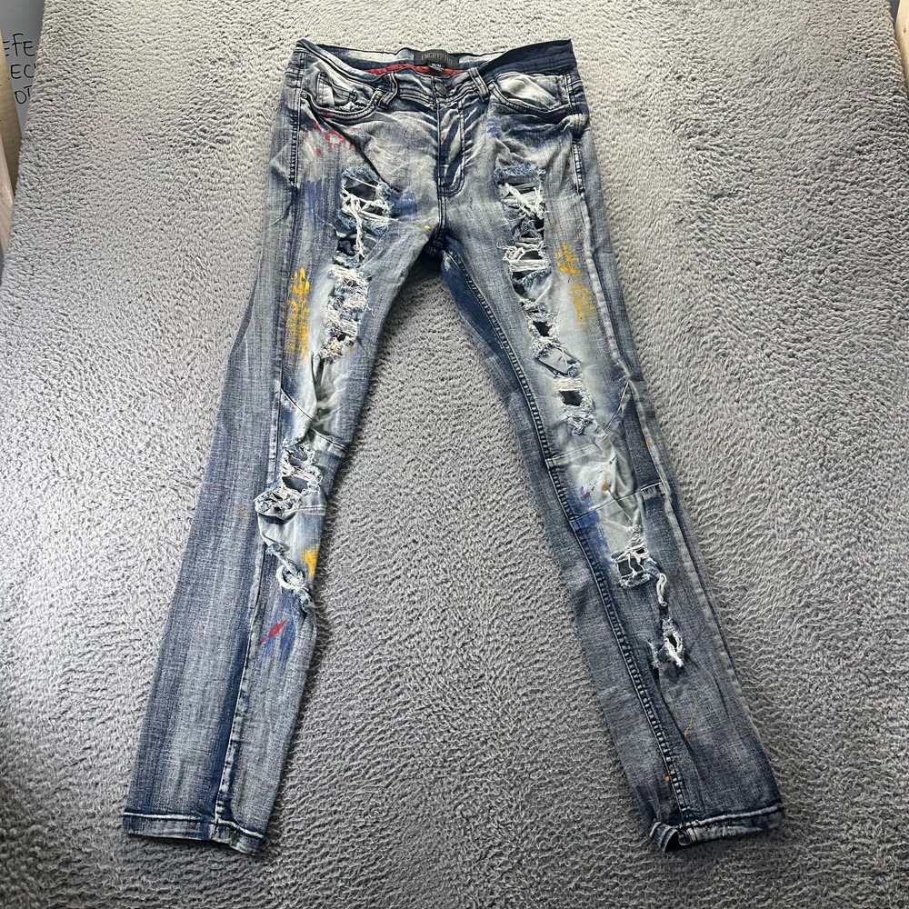 Encrypted Jeans Mens 32x32 Blue‎ Cotton Denim Straight Biker Distressed Stretch